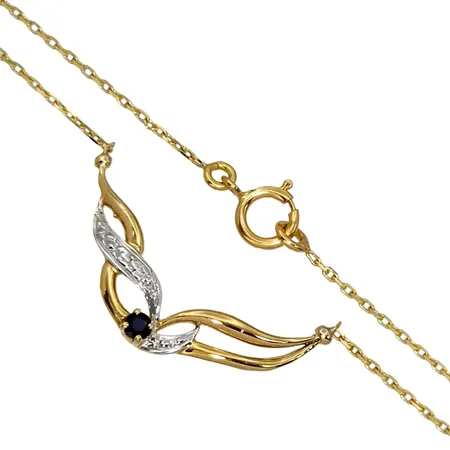 Collier, 18K guld, integrerat hänge med Safir Ø 2,2 mm, längd 40,0 cm, bredd 1-4 mm, fint skick, sten utan anmärkning Vikt: 2,7 g