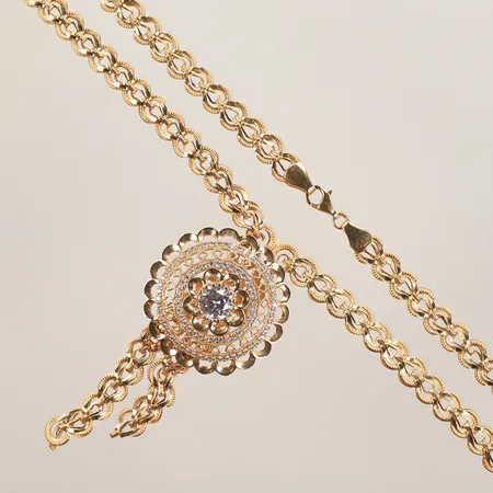 Halsband med vita stenar, 63 cm, bredd 7-60mm, defek, saknar del, 14K 21,9g totalt.