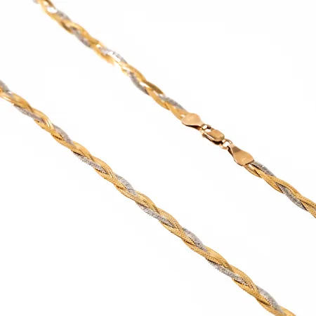 Halvstelt flätat collier i 9K rött och vitt guld. Den är 3,7 mm bred, 42,5 cm lång och väger 4,2g. Karbinhake.
