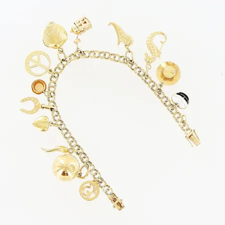 Armband, Bismarck, 13 berlocker, 19cm, bredd 4,5mm, slitage vid lås, ögla på saknad berlock, 18K.  Vikt: 21,3 g