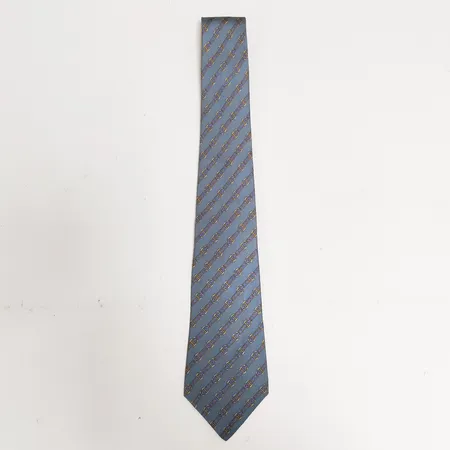 Slips, Hermès, polykromt mönster i lila och gult på grå botten, längd: ca 149cm, bredd:2,5-9cm, 100% siden twill, modellnummer:812 MA, Made in France., mindre fläck. Vikt: 0 g