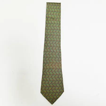 Slips, Hermès, polykromt mönster i gult och rött på grön botten, längd: ca 146cm, bredd:2,5-9cm, 100% siden twill, modellnummer:7531 IA, Made in France. Vikt: 0 g
