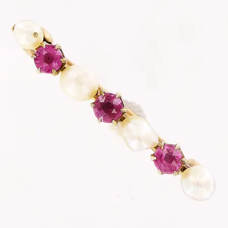 Brosch, rosa stenar, pärlor, 27x3mm, rödguld, 14K. Bruttovikt: 1,6gram.  Vikt: 1,6 g