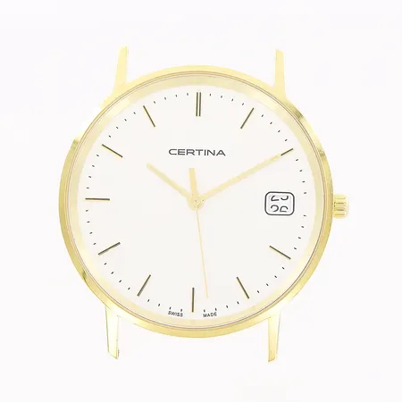 Herrur Certina, 18K, quartz, Ø34mm, vit urtavla, datum, sekundvisare, länk saknas, gravyr, i behov av batteribyte, bruttovikt 19,9g, garantikort Stjärnurmakarna 2021, bok, box.