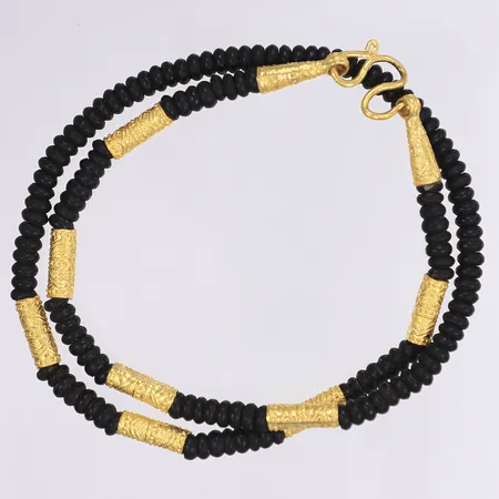 Halscollier med träpärlor, 50cm, bredd 5,5mm, 23K, ca ½ Baht, Bruttovikt: 23,5g Vikt: 23,5 g