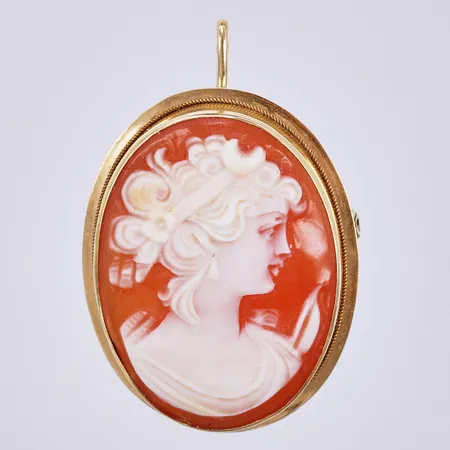 Hänge/brosch med Camé, längd: ca 3,3cm, bredd: ca 22mm, 18K  Vikt: 4,2 g