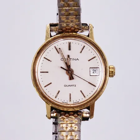 Damur Certina, quartz, datum, Ø ca 22mm, går ej/repigt glas/smutsig klocka och länk, 18K, med flexlänk stål/doublé, inga tillbehör  Vikt: 4,5 g