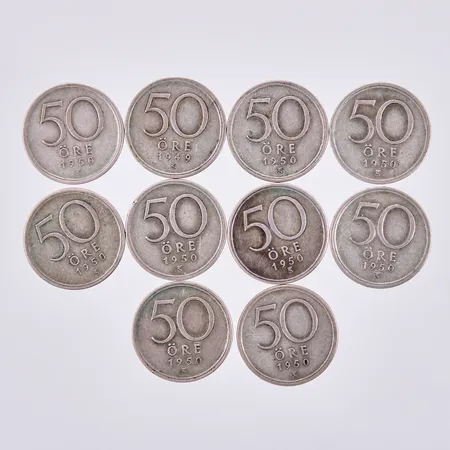 Tio mynt, 50 öre, silver 400/1000 Bruttovikt 47,6g beräknad vikt 19g
