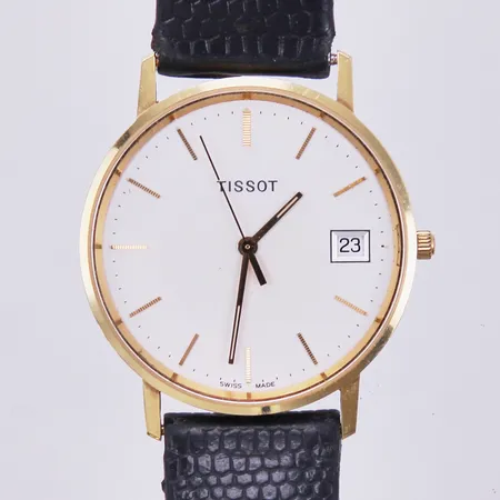 Herrur Tissot, quartz, datum, Ø ca 34mm, 14K, med läderband, slitet, bruttovikt 27,6g Vikt: 0 g