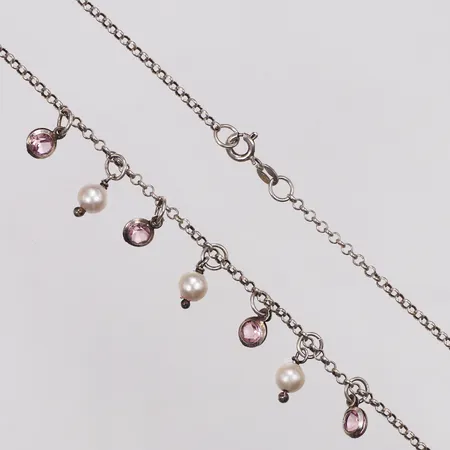 Collier, Ärtlänk, rosa stenar och plastpärlor, längd 41cm, 925/1000 silver Vikt: 5,8 g