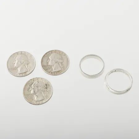 Mynt 3 st Quarter Dollar 1964, ringar 2 st silver, totalvikt 28.6 gram. Vikt: 6 g