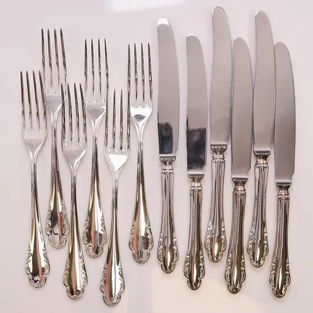 6 Gafflar, 18cm, 6 Knivar, 21,5cm, HAGA/MEMA, 830/1000 Silver bruttovikt 555,3g.