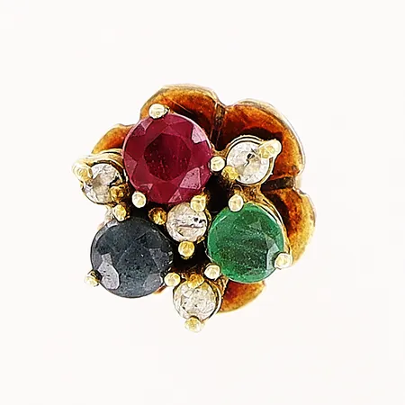 Enstaka örhänge, diamanter 4 x ca 0,01ct, färgstenar, 8x8mm, 14K Vikt: 1,4 g