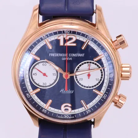 Herrur, Fredrique Constant, Limited edition Healey Vintage Rally Chronograph, Ø42mm, automatisk, doublé, safirglas, chronograf, glas baksida, ref-nr: FC-397HN5B4, serie-nr: 0549/2888, gummiarmband ej original, slitage/nött, extra läderarmband original, certifikat Klockia 2019, limited edition certifikat nr 549/2888, bil, manual, tag, box, ytterkartong, 