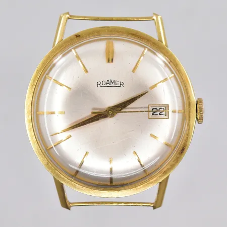 Herrur Roamer, Ø 34mm, manuell, datum, plastglas, defekt, band saknas, 14K