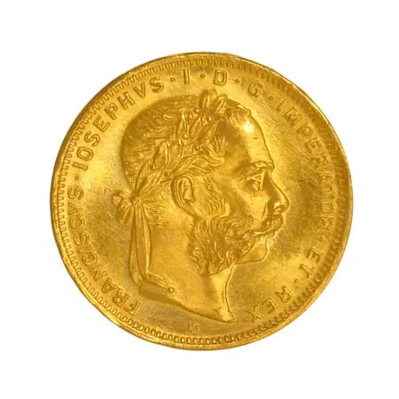 Guldmynt - 8 Florins/20 Francs 1892, Franz Joseph I Österrike, 21,6K guld (900/1000), Ø21 mm, fint skick ex Vikt: 6,5 g