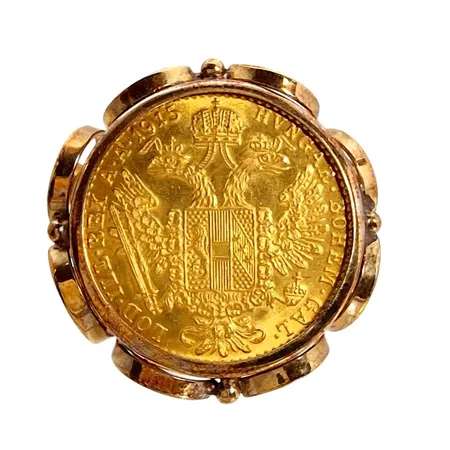 Guldmynt - 1 Dukat 1915, Franz Joseph I Österrike, 23,6K guld (986/1000), Ø20 mm, monterad i Ring, 14K guld, Ø16¼ mm, skena bredd 2,2 mm, dekor Ø24 mm, fint skick  Vikt: 7 g