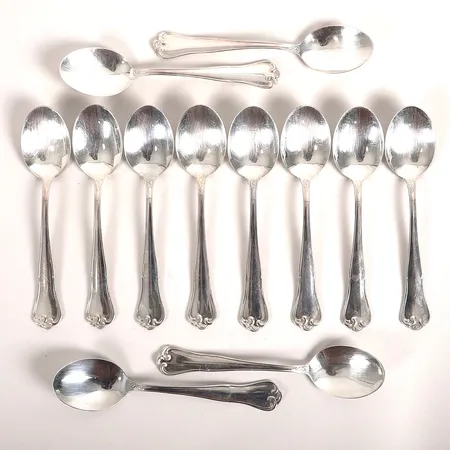 Tolv, dessertskedar, modell "Symfoni", MEMA, Lidköping, längd 14,5cm, slitage, silver.  Vikt: 274,6 g