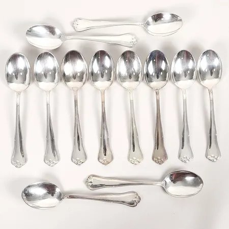 Tolv, bordsskedar, modell "Symfoni", MEMA, Lidköping, längd 17cm, slitage, silver.  Vikt: 450,8 g