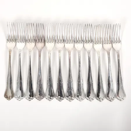 Tolv, bordsgafflar, modell "Symfoni", MEMA, Lidköping, längd 17cm, slitage, silver.  Vikt: 415,5 g