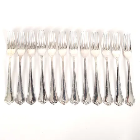Tolv, förrättsgafflar, modell "Symfoni", MEMA, Lidköping, längd 15cm, slitage, silver. Vikt: 299,4 g