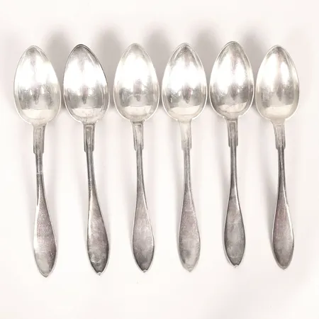 Sex matskedar, modell Svensk Spets, A. G. Dufva, Stockholm år 1913, längd: 22,3 cm, smärre åldersbetingat slitage, silver. Vikt: 403,2 g