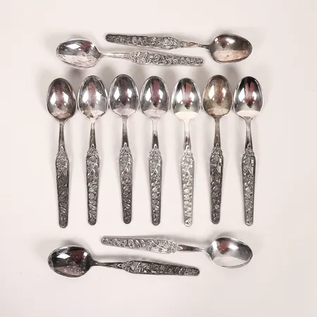 Elva kaffeskedar, modell Rosenranka, GAB, längd: 116 mm, 830/1000 silver. Vikt: 127,3 g