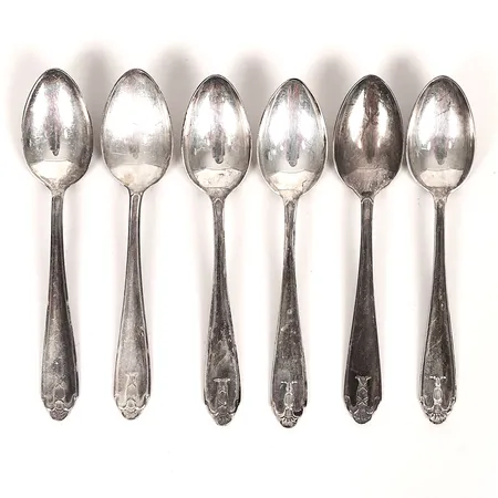 Sex kaffeskedar, modell Vasa, GAB, längd: 120 mm, bruksskick, silver. Vikt: 80,9 g