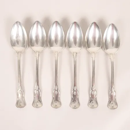 Sex matskedar, modell Engelsk Snäck, GAB, längd: 216 mm, gravyr, silver. Vikt: 368,3 g