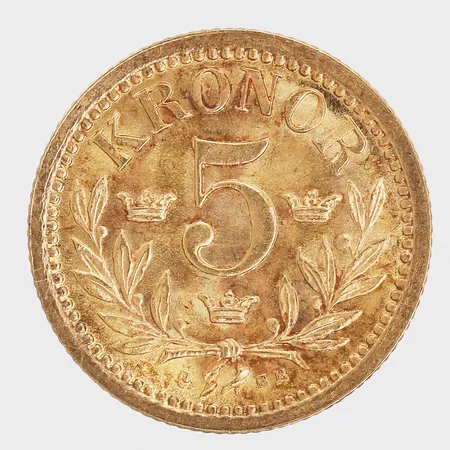 Guldmynt, 5 Kronor - Oscar II Sveriges och Norges Konung, Ø16mm, Sverige år 1901, räfflad kant, 21,6K guld. Vikt: 2,2 g
