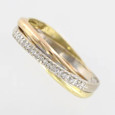 Ring, stl 18, bredd 4mm, 10st diamanter, ca 0,05 ctv, 8/8-slipade, GFAB, gul/röd/vitguld, 18K Vikt: 3,2 g