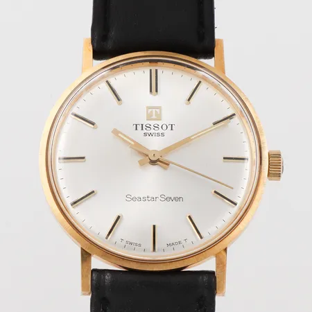 Herrarmbandsur Tissot seastar seven 18k läderband, box, gravyr, diameter 34.6 mm, tickar igång men ej funktionstestad.