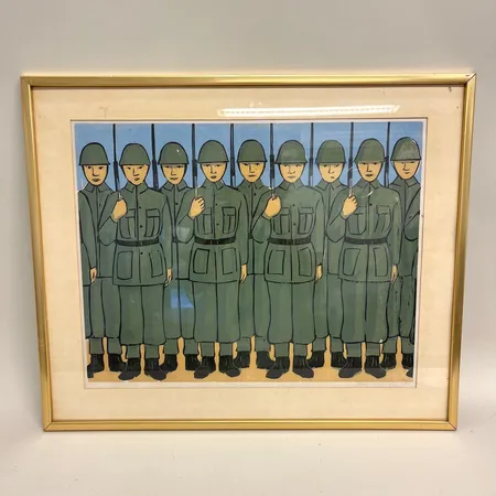 Tavla, Beredskapen, träsnitt ur portföljen Bilder ur arbetarrörelsens historia utgiven år 1970, nr 5/360, signerad Sven Ljungberg, 40x51cm, smuts på passepartout Specialfrakt, kontakta pantbankskontoret för mer information.
