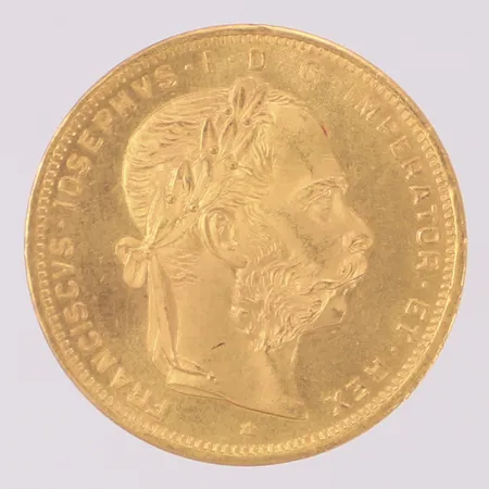 Guldmynt, Frans Josef I, 8 florin, Ø21mm, år 1892, 900/1000, ca 21K, vikt 6,45g Vikt: 6,4 g