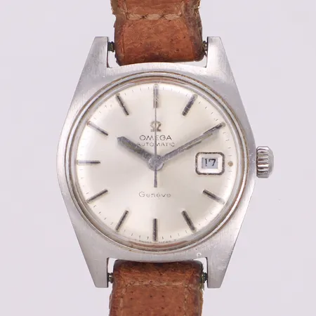 Damur, Omega Geneve, Ø24,6mm, stål, automatisk, sekundvisare, datum, vattentät, slitna visare, repigt plastglas, slitet armband