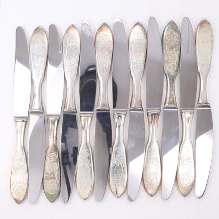 12 knivar, rostfria blad, längd 22cm, modell Tornedal, EJA, 830/1000 silver. Bruttovikt 1160g Vikt: 1160 g