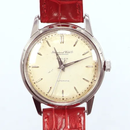 Herrur vintage IWC, International Watch Co Schaffhausen, Türler, 35,5mm, stål, automatisk, nytt rött  läderband ej original, skadad urtavla, fungerar.