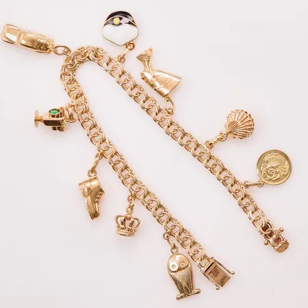Armband, 18cm, bredd:5mm, 9 berlocker, 18K 18,8g.