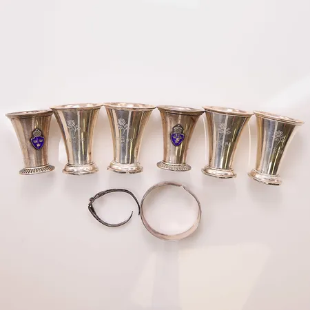 6 Pokaler, 2 servettringar, gravyr, 830/1000 Silver 138,2g.