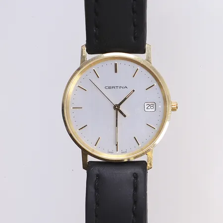 Herrur Certina, Ø33,5mm, quartz, datum, nr 158.9289.65 13LA000507, boett 14K, graverad bakboett, läderband ej original, slitage på ena bandhornet, går ej troligen batteribyte, Bruttovikt: 37,3g