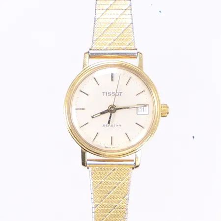 Damur Tissot Seastar, Ø22mm, quartz, datum, boett 18K, graverad bakboett, armband dubblé, går ej, Bruttovikt: 20,9g