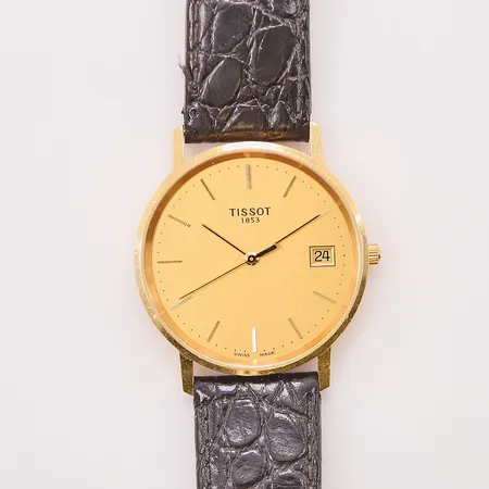 Herrur Tissot 18K, 33,5cm, quartz, defekt läderband, går ej, box.