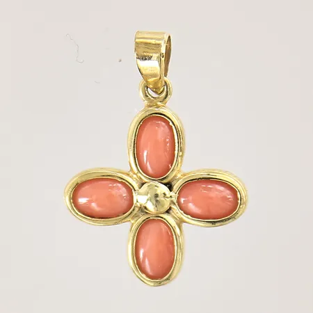 Hänge med orangea stenar, troligen koraller, 22x17mm, stenar med lätt slitage, 14K  Vikt: 2,4 g
