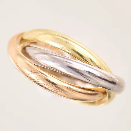 Ring, Cartier Trinity, stl 19½/61, bredd ca 7mm, serie-nr: TZS902, trefärgad, certifikat från 2023, box, ytterkartong, kvitto, informationsblad, ytliga bruksrepor, 18K Vikt: 10,8 g