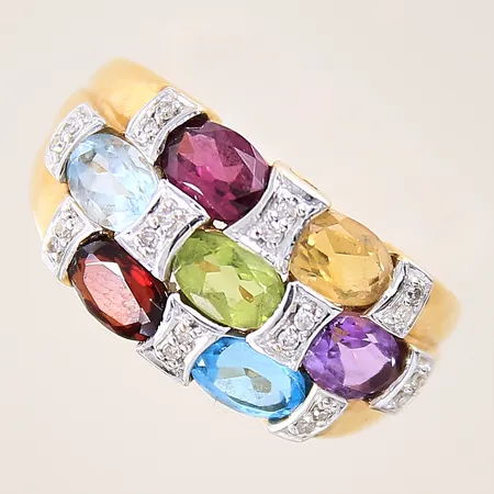 Ring med 8/8 slipade diamanter 20 x ca 0,005ct samt ametist, citrin, granat, topas, peridot, rhodolit, stl 18, bredd 2,3-11,5mm, GHA, 18K Vikt: 5,7 g