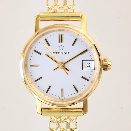 Damur Eterna, 18K, quartz, X-länk i 18K, Ø22mm, längd inklusive ur 17,5cm, datum, safirglas, fungerar ej batteribyte krävs, gravyr, inga tillbehör, bruttovikt: 17,9g