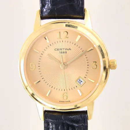 Damur Certina, 18K, quartz, numrerad: 111.9200.68, Ø27mm, safirglas, datum, originalläderband med lätt slitage, etui, försäkringsbevis, manual, fungerar ej, batteribyte krävs, bruttovikt: 20,9g