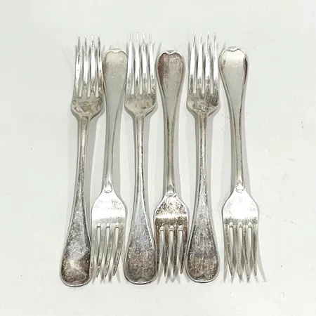 Bordsgafflar 6st, längd 18cm, modell Svensk, repiga, silver 830/1000 Vikt: 225,6 g
