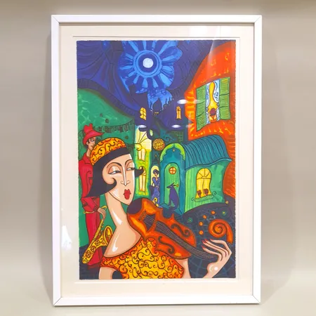 Tavla, färglitografi, Angelica Wiik, signerad, numrerad 186/190, bildmått 60x40cm, mått inklusive ram 72x52,5cm, smärre skador på ram  Skickas med postpaket.