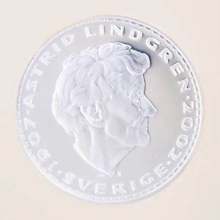 Minnesmynt, Astrid Lindgren 1907-2002, Ø40mm, Pippi Långstrump 1945, nickelpläterad koppar, plast etui